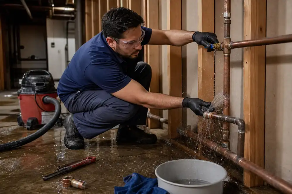 Emergency plumber stopping a leaking pipe in a Marysville basement