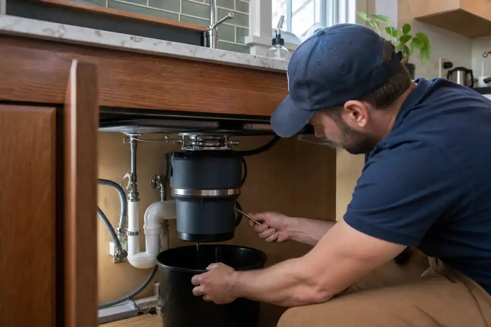 Plumber working on a kitchen disposal under a Marysville sink