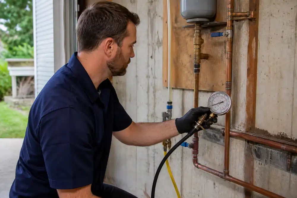 Plumber shutting off a spraying copper pipe leak in a Marysville home
