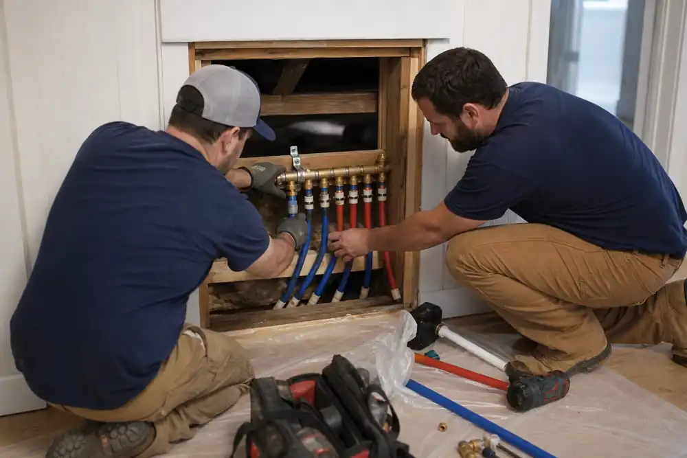 Plumber working under a sink during an after-hours leak call