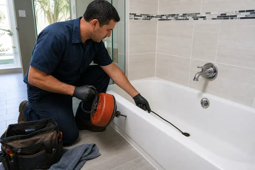Drain cleaning under a bathroom sink in a Marysville home