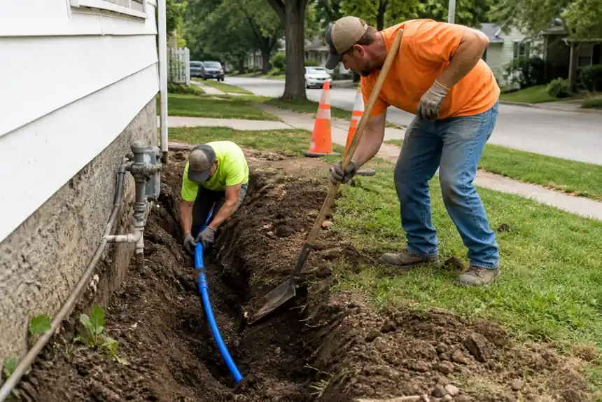Crew replacing an underground water line beside a Marysville house