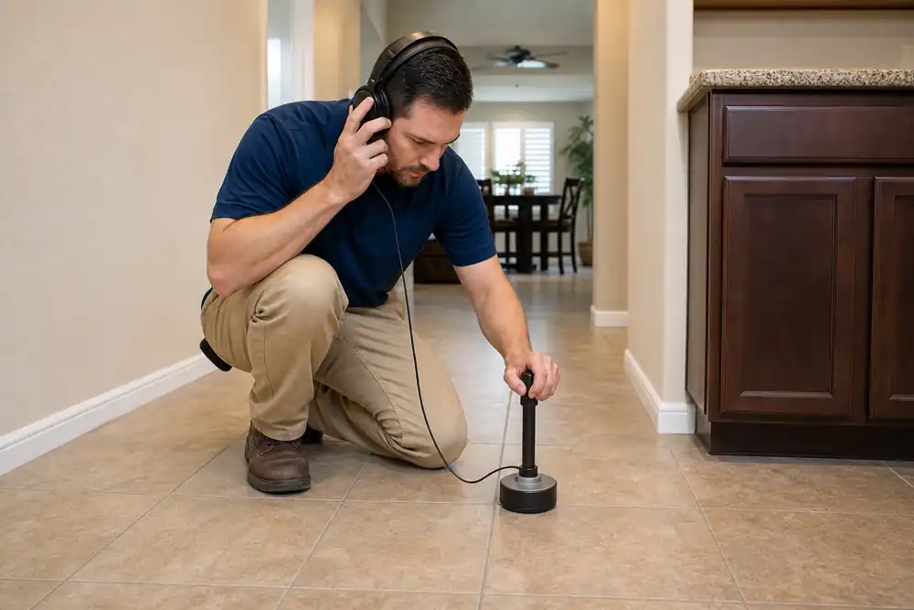 Plumber using a drain snake under a bathroom sink in Marysville