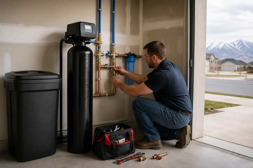 Plumber installing water equipment in a Pacific Northwest garage