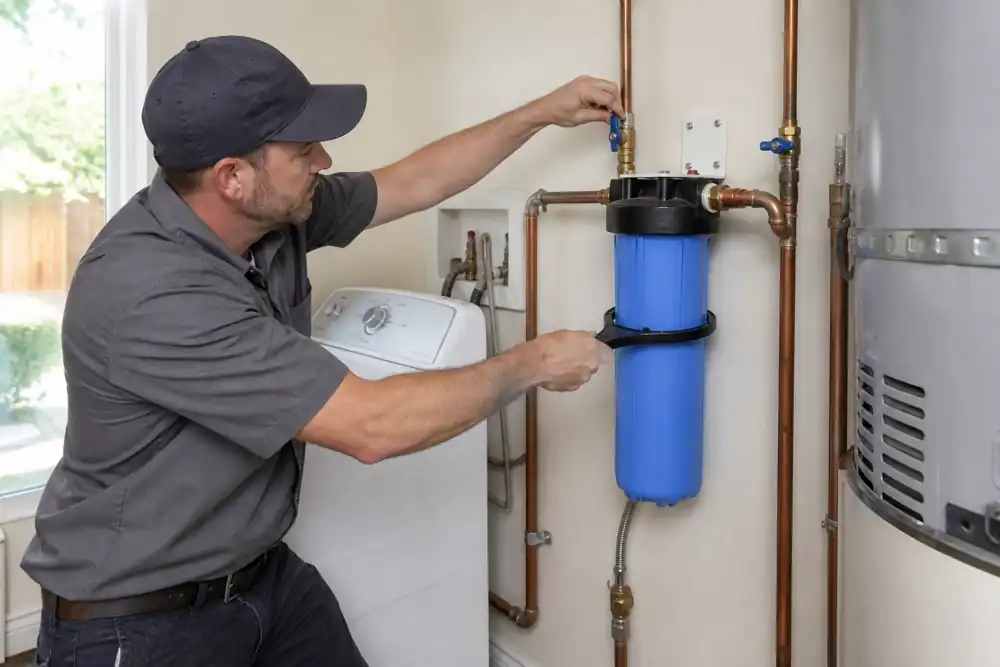Plumber servicing a whole-house water filter next to a water heater