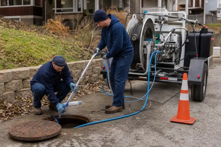 Two plumbers running a sewer camera inspection at a Marysville home