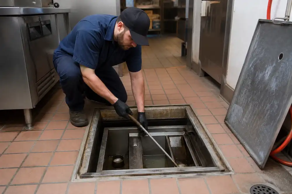 Plumber tightening a leaking supply line under a kitchen sink