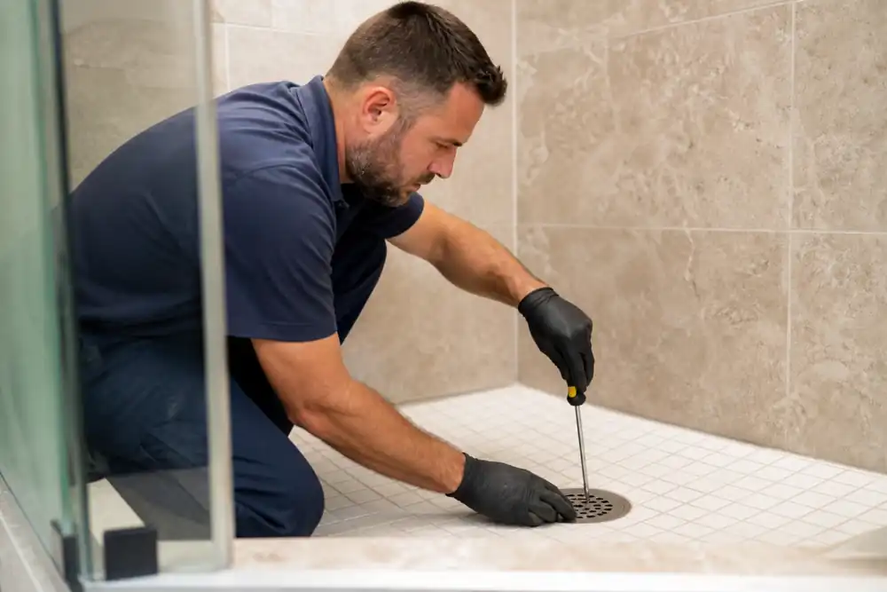 Plumber tightening a leaking supply line under a kitchen sink