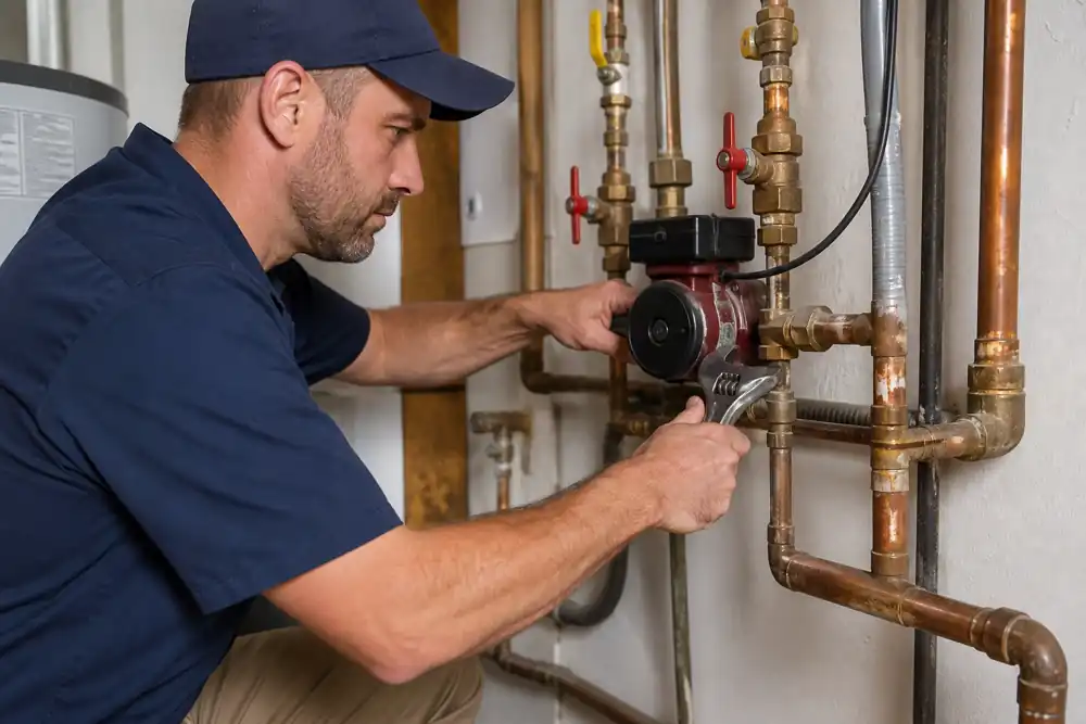 Plumber repairing PVC drain lines under a kitchen sink in Marysville
