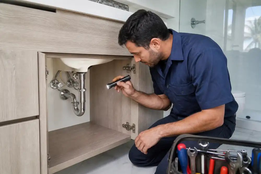 Two plumbers installing a sump pump in a residential basement